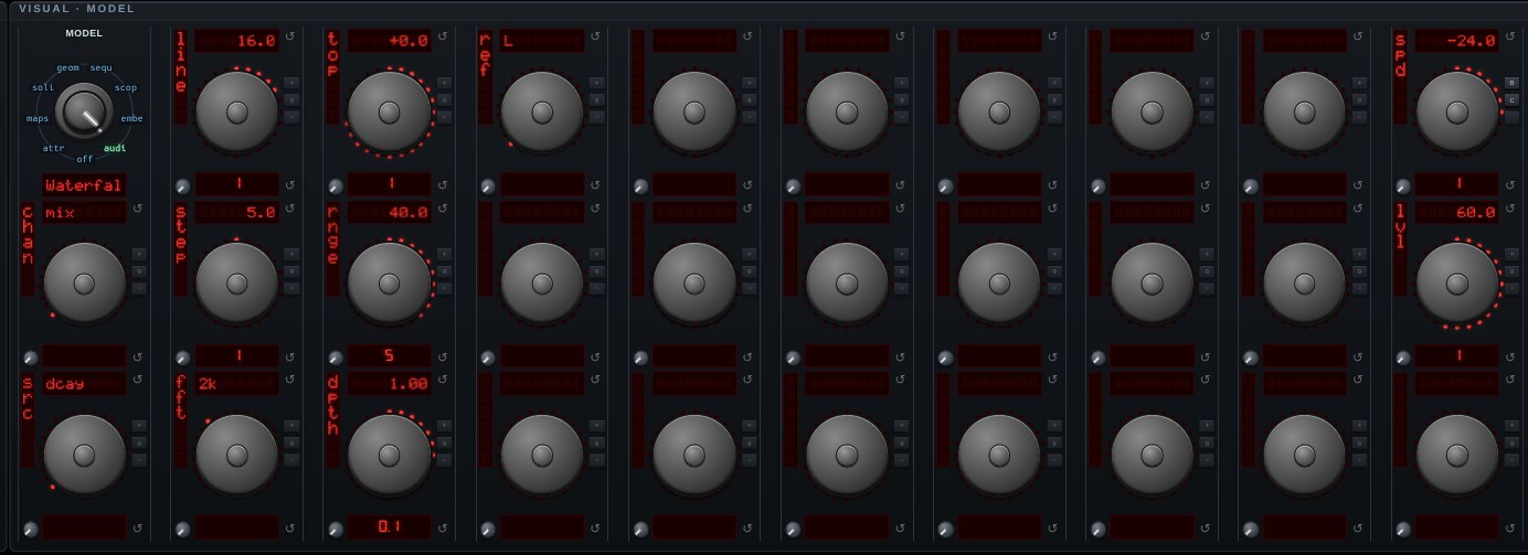 The parameter knobs for Waterfall — Spectral Decay